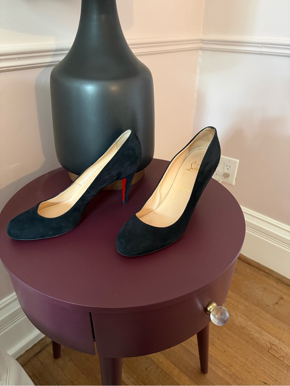 Christian Louboutin Black Suede Round-Toe Pumps